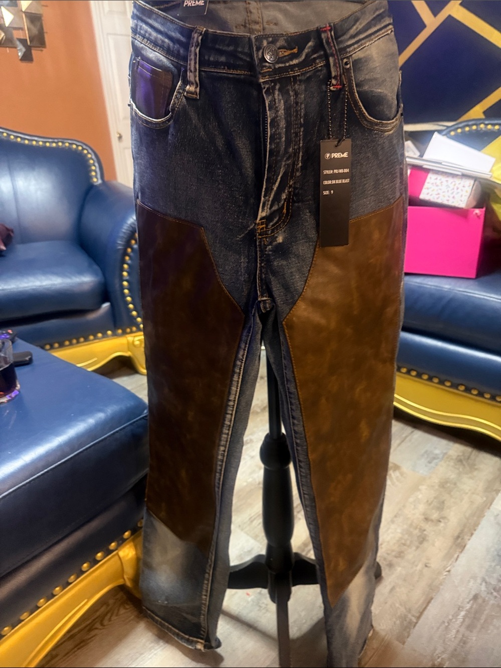 Preme Two-Tone Leather Patch Jeans - Brown/Blue